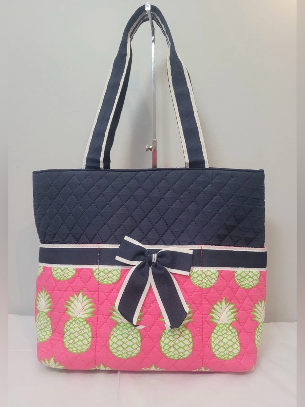 N. Gil Quilted Pineapple Tote Bag Beach Bag Navy and Pink